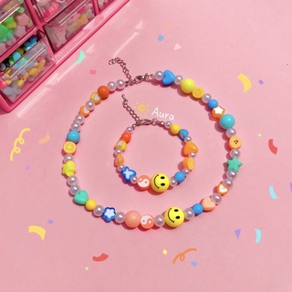 Vòng cổ Mix tone Cam Xanh Mặt cười tròn lạ mắt Handmade Aura