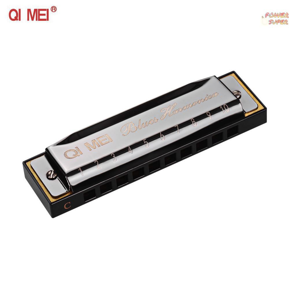 PSUPER QI MEI 1020 Blues Harmonica Key of C 10 Holes 20 Tunes Diatonic Harp Mouthorgan with Cleaning Cloth and Storage Box Black