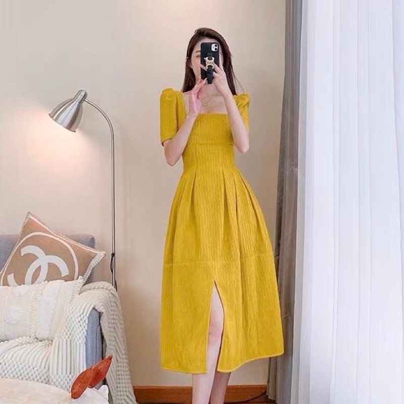 ĐẦM MIDI CỔ VUÔNG TAY PHỒNG GÂN SỌC