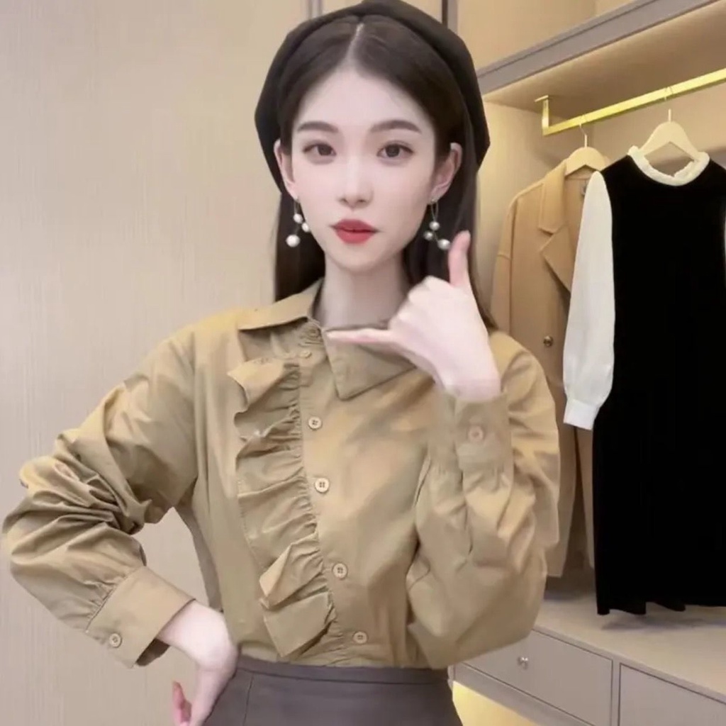 Wu Xiaotong Studio Áo Sơ Mi Mỏng Màu Trơn Cài Nút Ren Sớm Thời Trang Cổ Điển