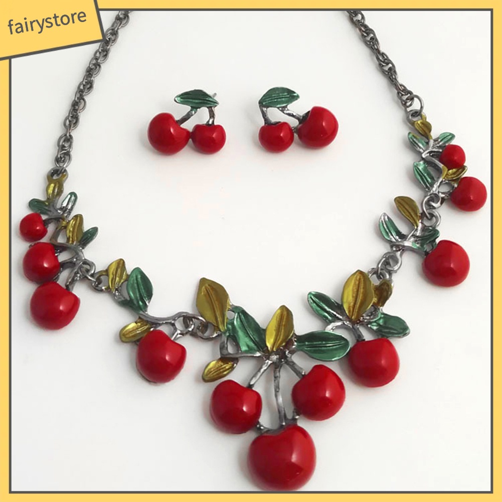 Set dây chuyền và đôi khuyên tai hình trái cherry đỏ thời trang cho nữ