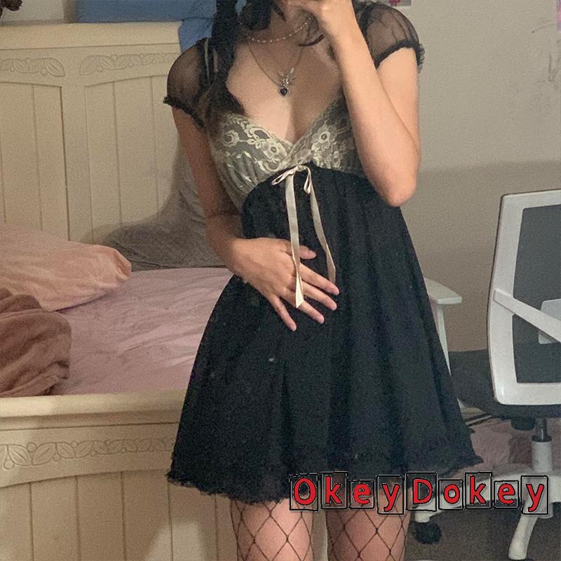 Đầm tay ngắn cổ chữ V phối ren dáng ôm thời trang quyến rũ cho nữ