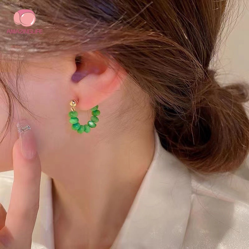 [Amazinglife] Khuyên Tai Xỏ Hạt Opal Xanh Lá Cây Hình Học / Bông Hoa Đơn Giản Cá Tính Thời Trang