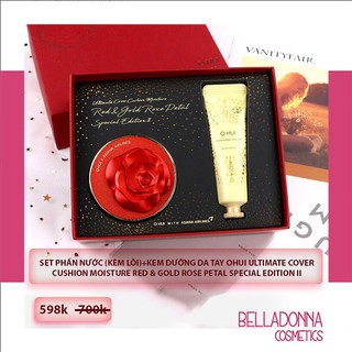 Set Phấn Nước (Kèm Lõi)+Kem dưỡng Da Tay Ohui Ultimate Cover Cushion Moisture Red & Gold [Rose Petal Special Edition]