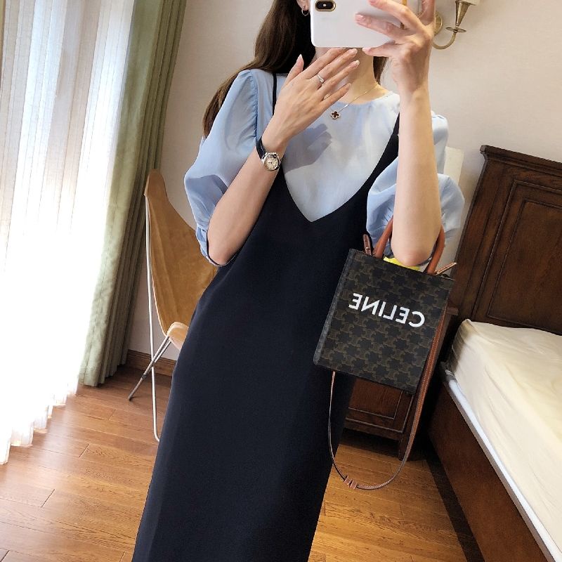 Đầm Sơ Mi Giả Hai Mảnh Tay Phồng Dáng Rộng Phong Cách Hàn Quốc Thời Trang Mùa Hè 2022 Dành Cho Bạn Nữ