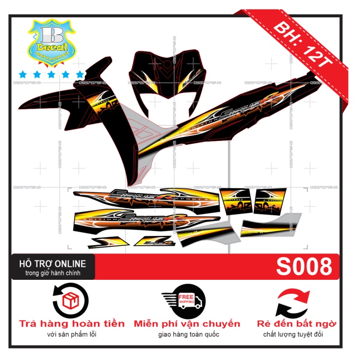 ( Quí khách vui lòng mang ra tiệm cho thợ dán ) Tem Sirius kẽm gai vàng đen 008