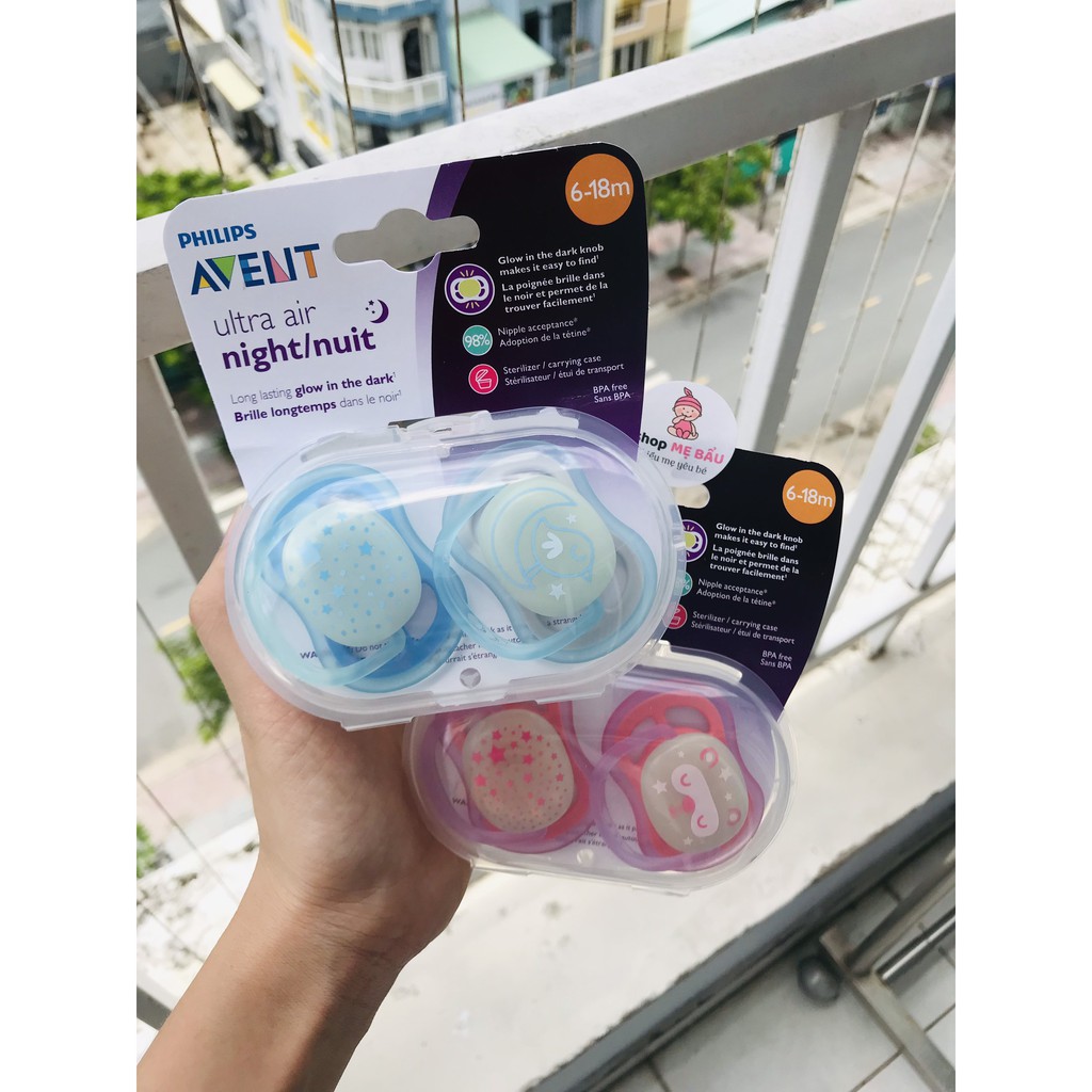 Ti giả có hộp tiệt trùng không có nắp riêng từng ti Avent Ultra Air Night/Nuit