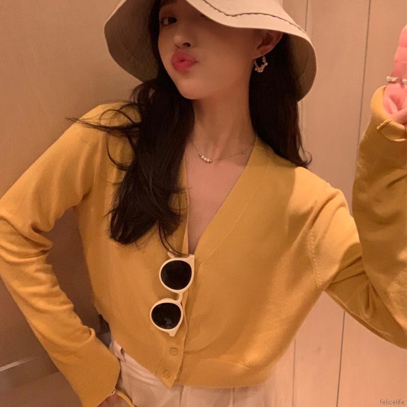 Áo cardigan dệt kim tay dài màu trơn thiết kế cổ chữ V dành cho nữ