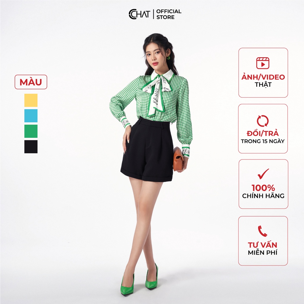 Áo Sơ Mi Nữ 𝐂𝐂𝐇𝐀𝐓 Họa Tiết Phối Nơ Cổ Dáng Suông Chất Lụa Cao Cấp 12FDL8004ST