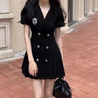 Đầm ngắn xếp ly cột nơ lưng phong cách preppy thời trang cho nữ