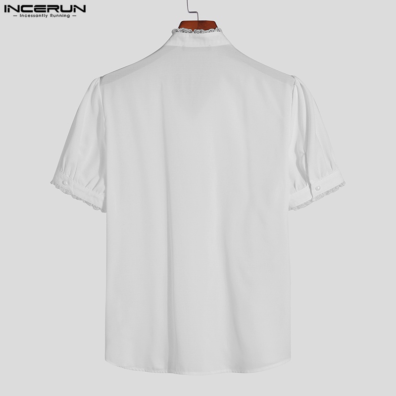 INCERUN Áo Sơ Mi Trắng Tay Ngắn Phồng Phối Nút Thời Trang Cho Nam