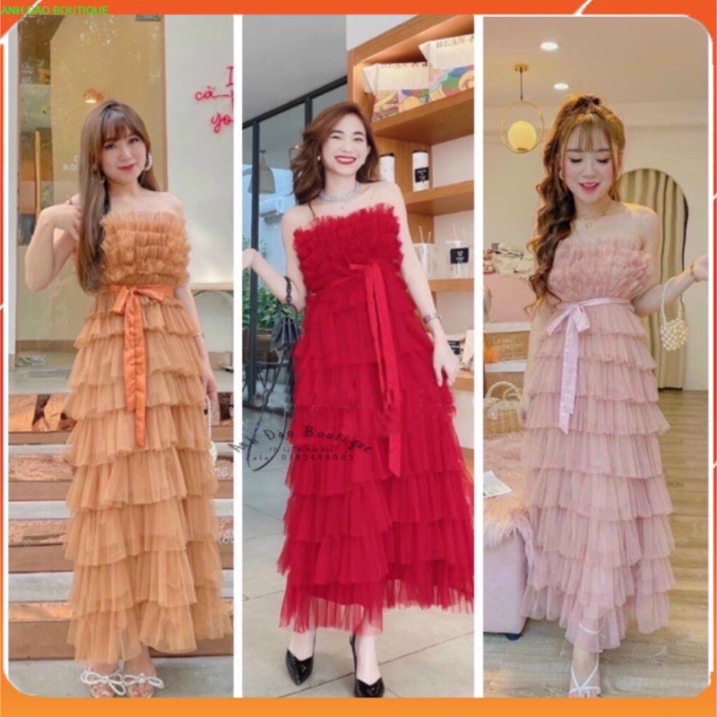 Váy đầm xếp tầng dài cúp ngực công chúa cột eo chất voan lưới V0011 full màu Verosa Dress