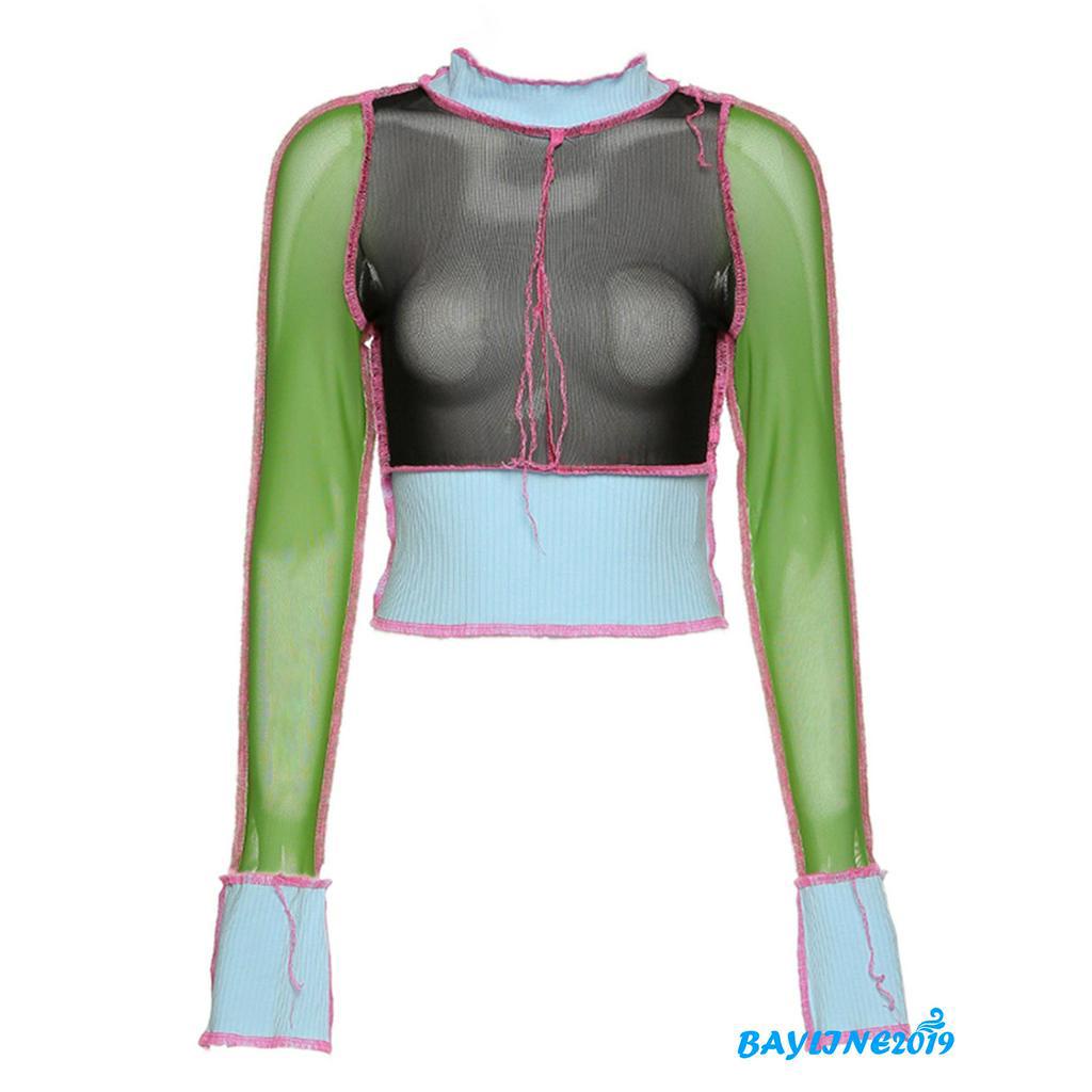 Áo Crop Top Xuyên Thấu Tay Dài Cho Nữ