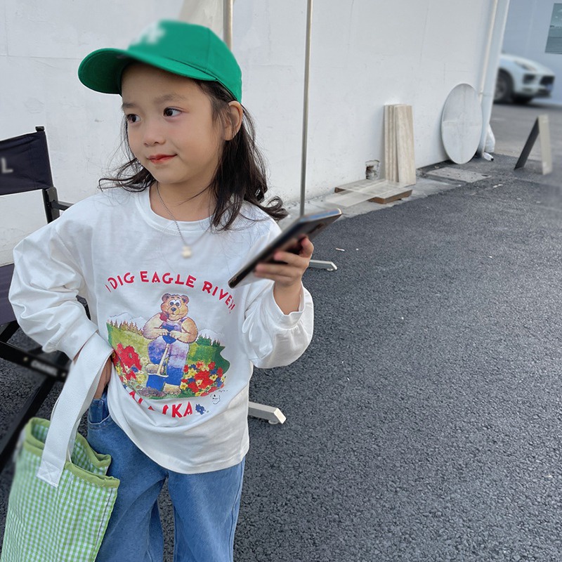 Áo Thun Tay Dài Cổ Tròn In Họa Tiết Hoạt Hình Phong Cách Hàn Quốc Thời Trang Xuân Thu Cho Bé Gái