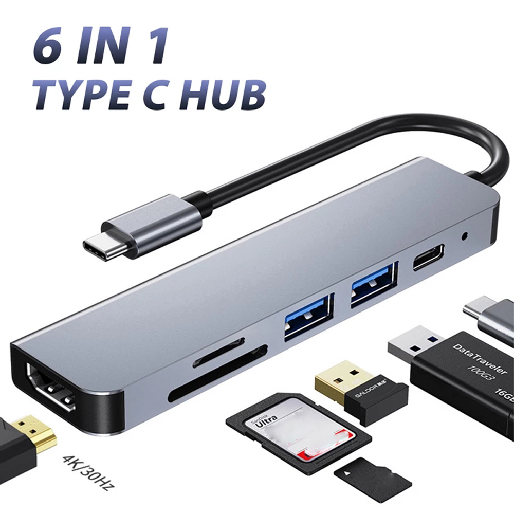 Hub chuyển đổi USB 3.0 kép hỗ trợ đọc thẻ nhớ TF/ SD 6 trong 1 4K HDMI đa năng dành cho notebook