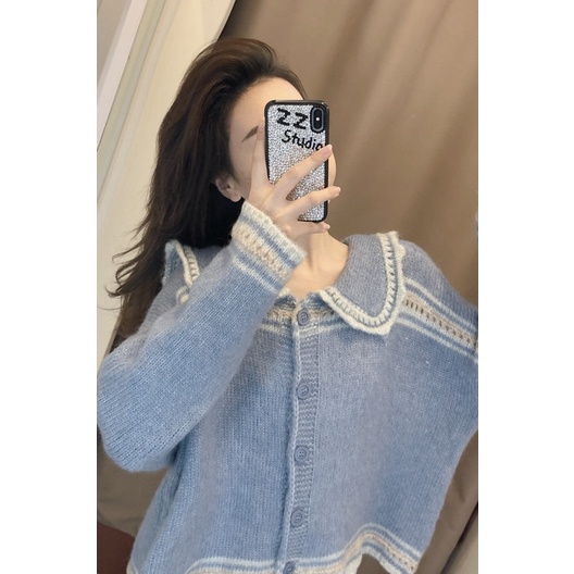 Áo Khoác Cardigan Dệt Kim Tay Dài Có Cổ Dáng Rộng Cài Khuy Kiểu Hàn Quốc Thời Trang