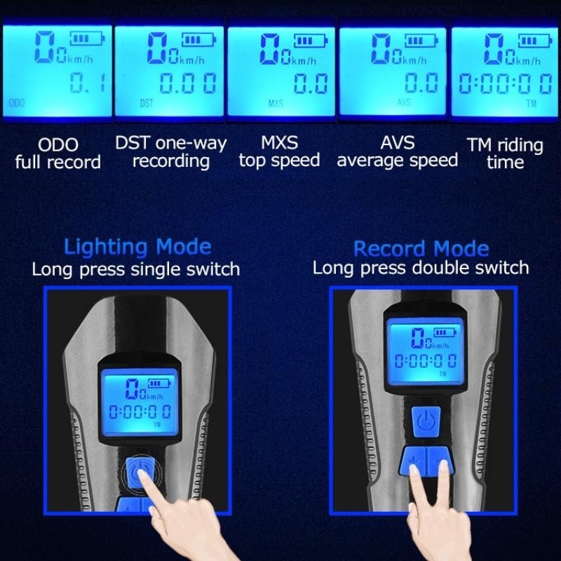 Đèn pha gắn tay lái xe đạp đo tốc độ màn hình LCD có đèn 4 chế độ và còi 6 âm thanh 4 phiên bản sạc USB chống thấm nước