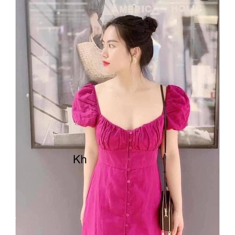 ⚡️CAMILLA⚡️Đầm hồng cổ vuông chạy chỉ lưng chất đũi tằm ko nhăn