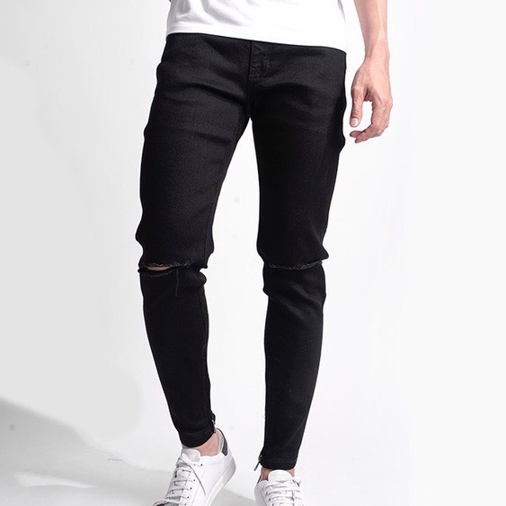 Quần jean nam RÁCH GỐI chất bò cao cấp co dãn 4 chiều cực đẹp PHỐI DÂY KÉO from dáng skinny đẹp CAROLLSTORE Q11