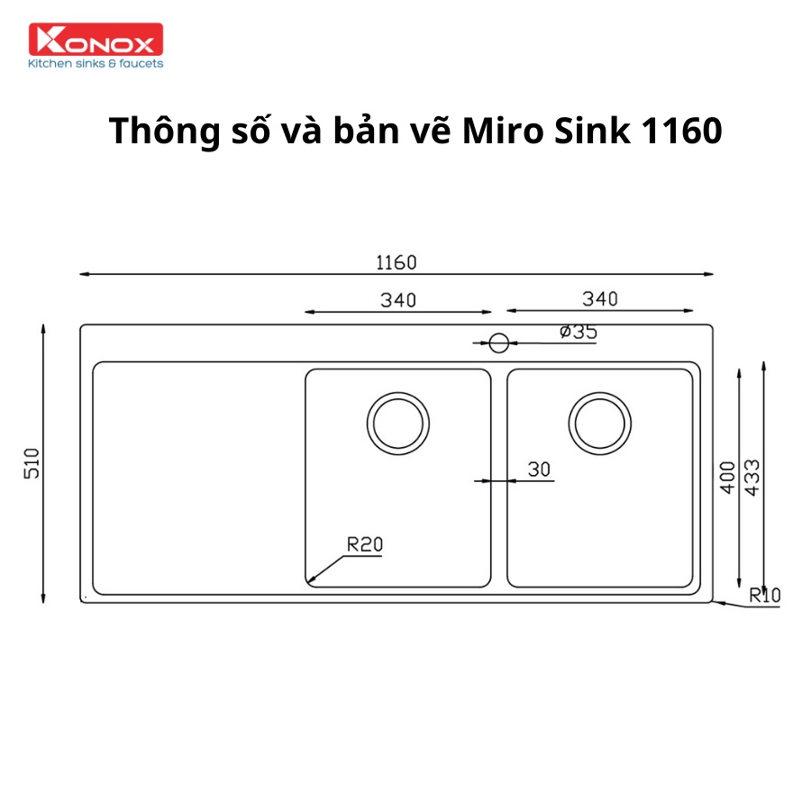 Chậu rửa bát inox KONOX Turkey Sink Miro 1160