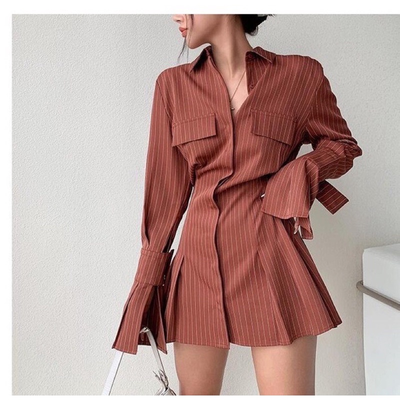 Đầm sơ mi tay dài đắp túi CAO CẤP phong cách công sở ( sẵn trắng size S M )