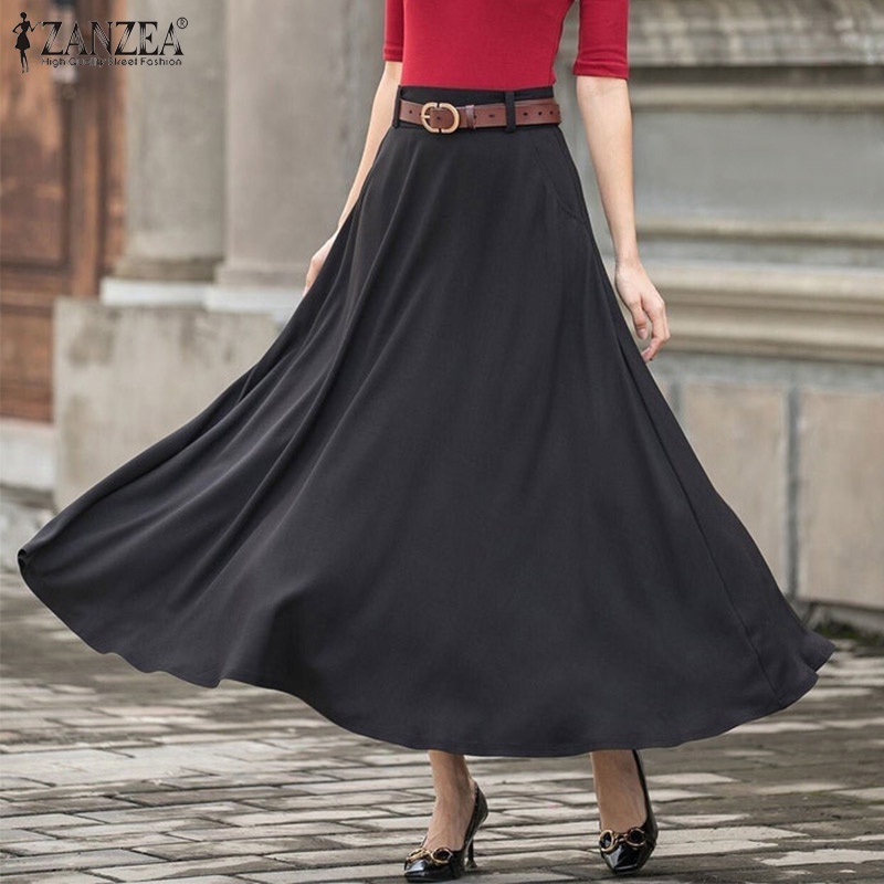 Zanzea Chân Váy Dài Màu Trơn Dáng Rộng Phong Cách Retro Dành Cho Nữ