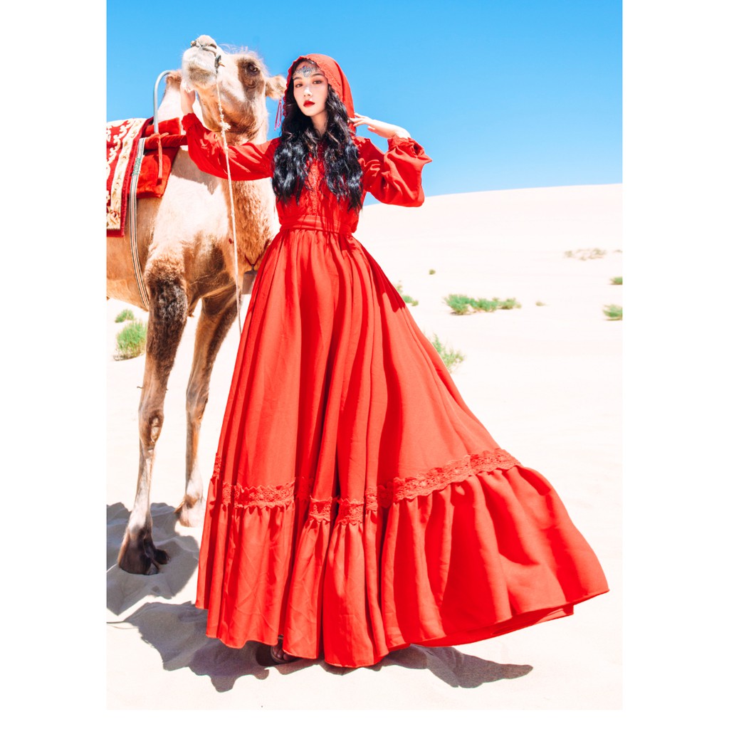 Đầm Đỏ Boho Maxi có nón - MUOJ - Phong Cách Bohemain - Hàng Cao Cấp -