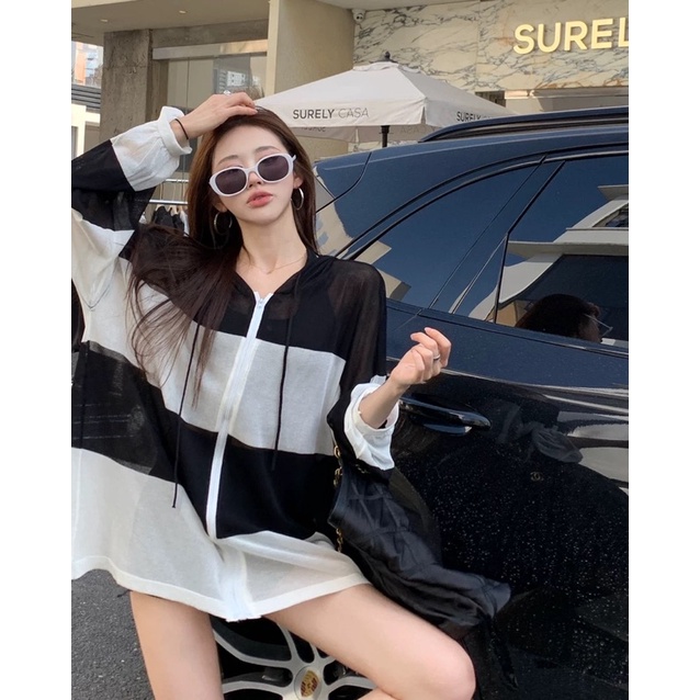 áo len dệt kim sọc màu kiểu khoá mũ dáng oversize (203#)