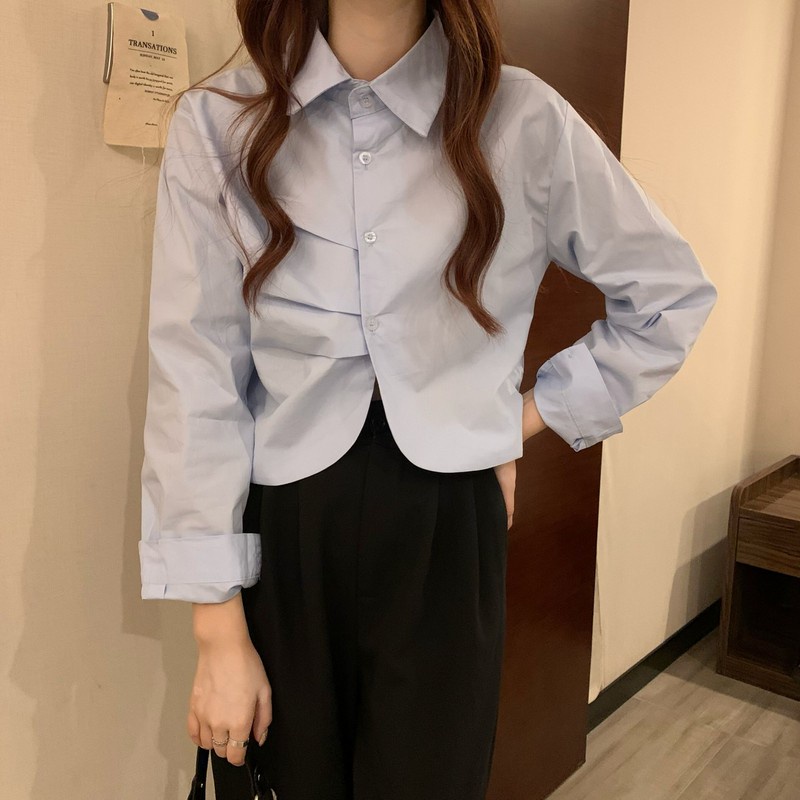 QADCOL Áo Kiểu Tay Dài Thiết Kế Xếp Ly Phong Cách Hàn Quốc