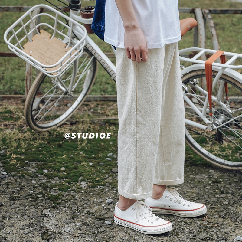 Quần ống suông lưng thun co giãn màu trơn bằng chất liệu vải lanh phong cách Hàn Quốc thời trang cho nam
