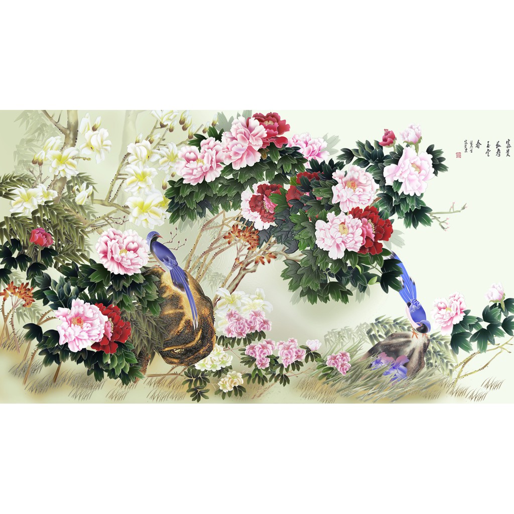 Tranh dán tường phong thủy VTC hoa mẫu đơn đôi chim trĩ LunaTM-0135 kim sa