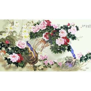 Tranh dán tường phong thủy VTC hoa mẫu đơn đôi chim trĩ LunaTM-0135 kim sa