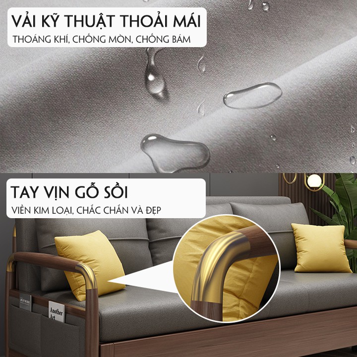 [CAO CẤP] GIƯỜNG SOFA THÔNG MINH, SOFA ĐA NĂNG GẤP GỌN THÀNH GHẾ TAY GỖ VIỀN KIM LOẠI CAO CẤP KT 1,5M x 1,9m