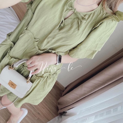 Váy babydoll xanh cổ V phối dây chạy bèo rúm tầng ulzzang tiểu thư  Chất đũi tơ xước QC mềm đẹp nữ