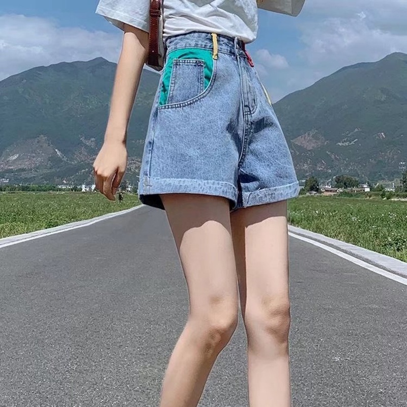 Quần đùi IELGY denim lưng cao ống rộng size lớn thời trang dành cho nữ