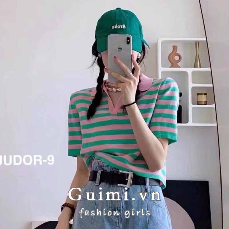 Áo thun polo NZN ngắn tay ôm dáng họa tiết kẻ sọc thời trang mùa hè phong cách Hàn Quốc cho nữ