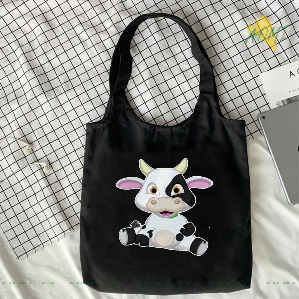 TOTE CANVAS bò sữa milk FORM TRÒN TÚI VẢI ĐEO VAI BAG NÚT BẤM SIZE LỚN AOMIVN DU LỊCH DẠO PHỐ CÁ TÍNH