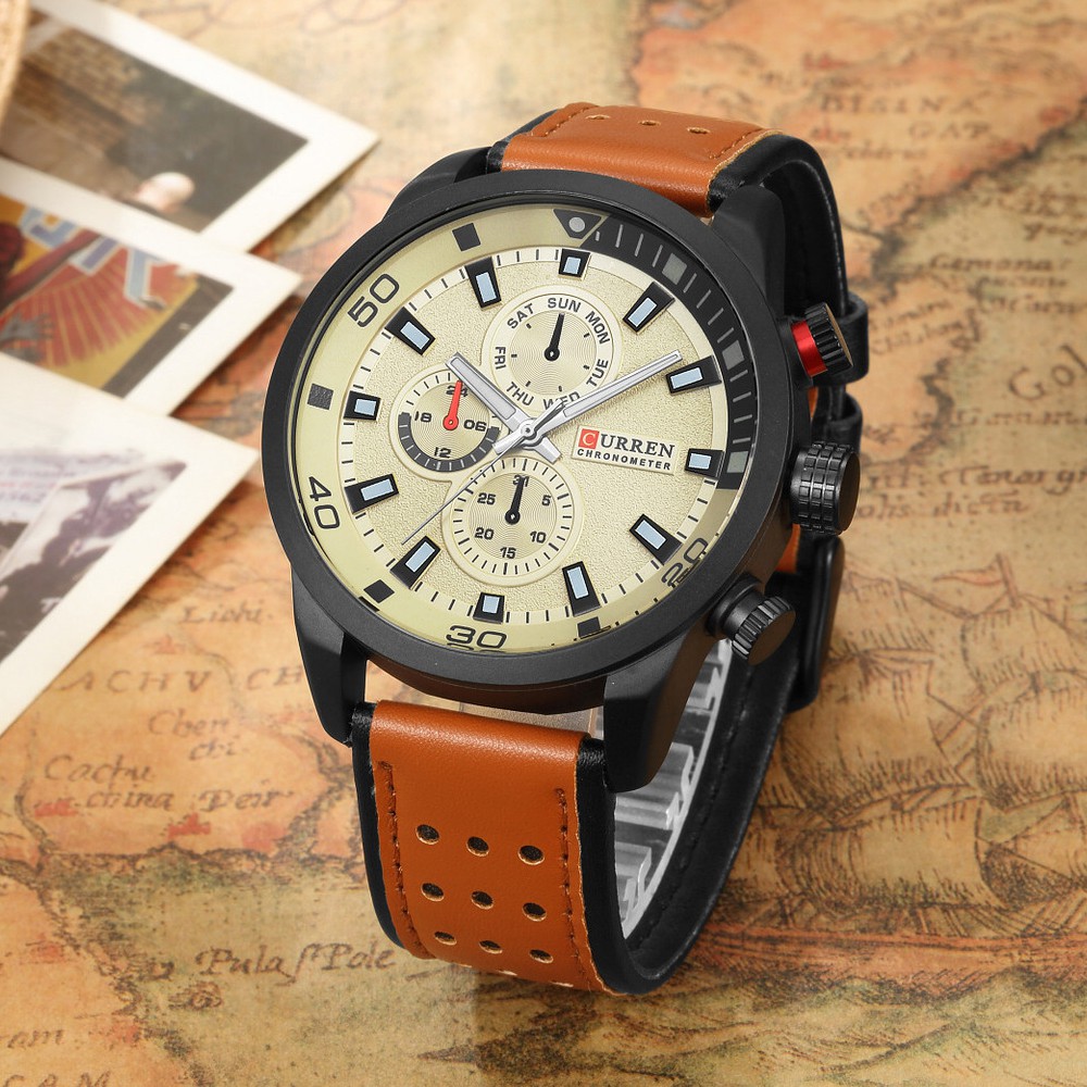 Đồng Hồ Quartz CURREN Chống Thấm Nước Với Dây Đeo Da Kiểu Dáng Thể Thao