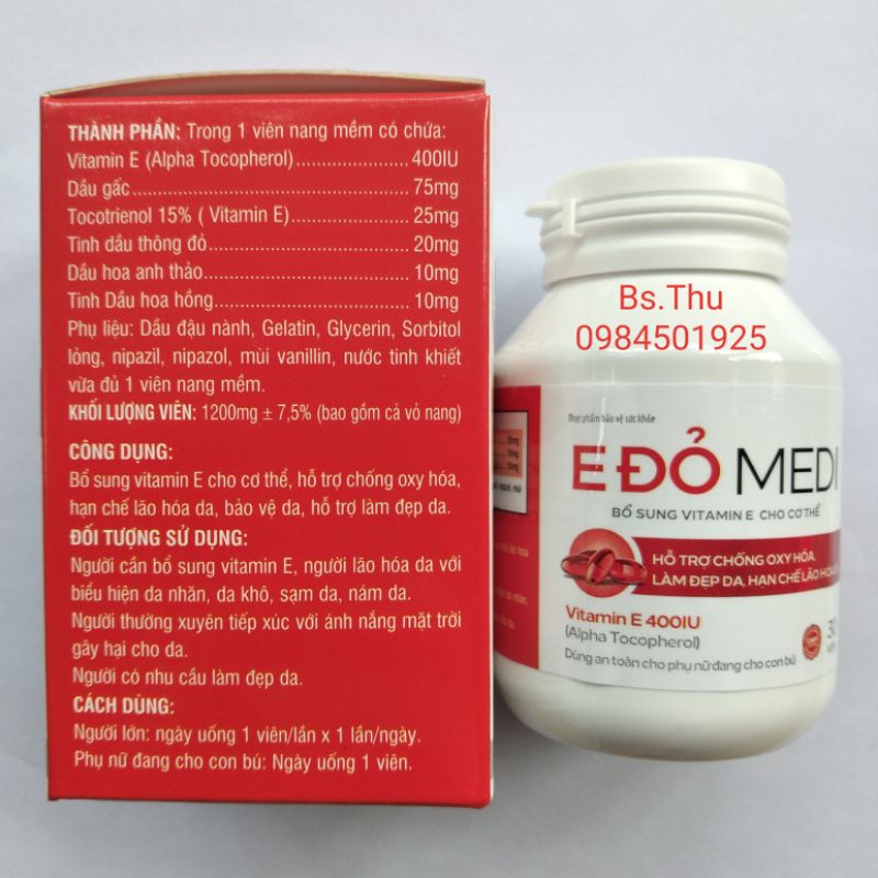 E ĐỎ MEDI Bổ sung vitamin E cho cơ thể, hỗ trợ chống oxy hóa, hạn chế lão hóa da, bảo vệ da, hỗ trợ làm đẹp da