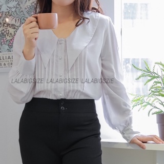Áo sơ mi nữ BIGSIZE (60-90kg) cổ bèo cách điệu khuy ngọc tay bồng SMA01 - [LALA Bigsize]