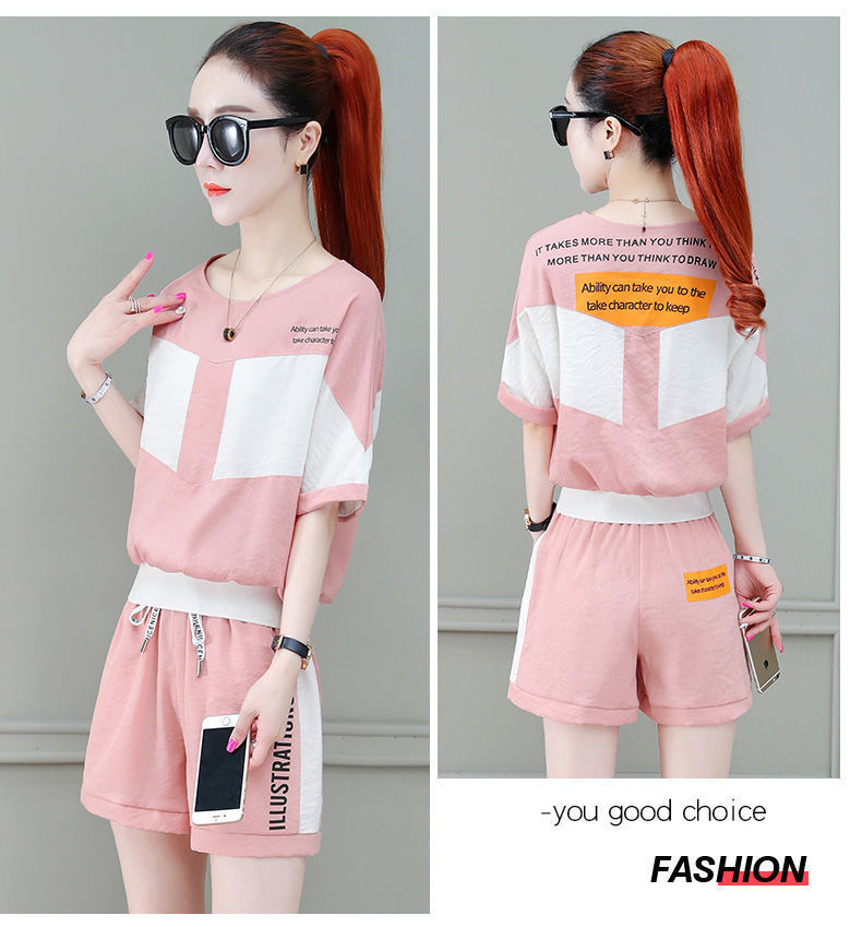 【READY STOCK】 Plus Size Sports Suit Quần áo thể thao Women's2021Summer Korean Style Younger Fashion Western Style Slimming Casual Short-Sleeved Shorts Two-Piece Set