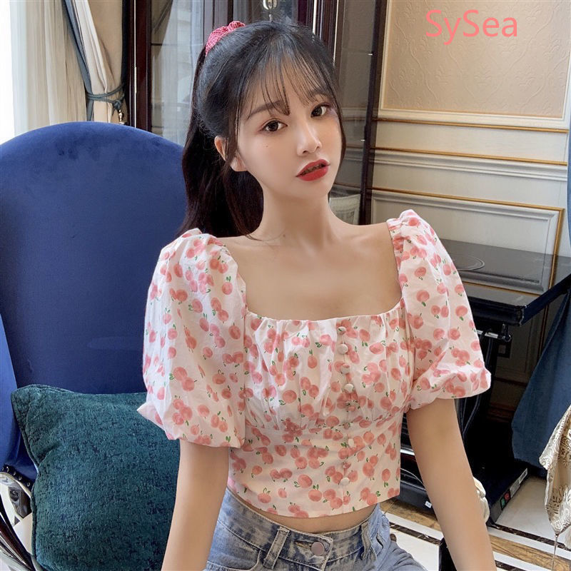 Áo kiểu croptop tay ngắn thắt nơ phía sau họa tiết hoa xinh xắn dành cho nữ