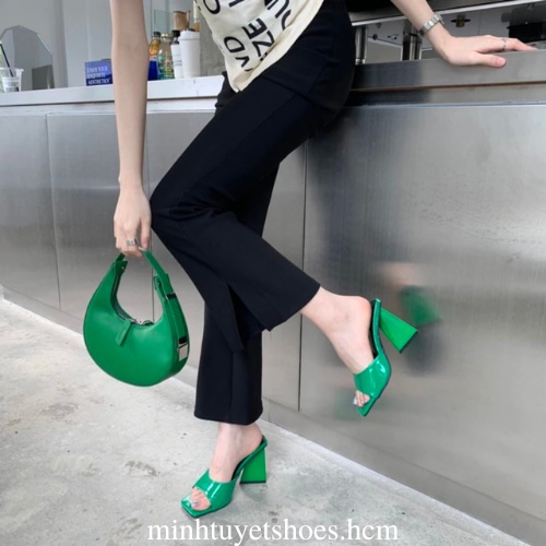 Giày cao gót Minhtuyetshoes hở mũi quai ngang bản rộng- Guốc cao gót gót vuông xéo cao 9cm gót nai mã GCGV