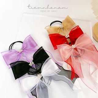 🎀 CỘT TÓC VOAN PHỐI SATIN KẾT HOA ĐÁ TIỂU THƯ - [ Nhà Nấm handmade ]