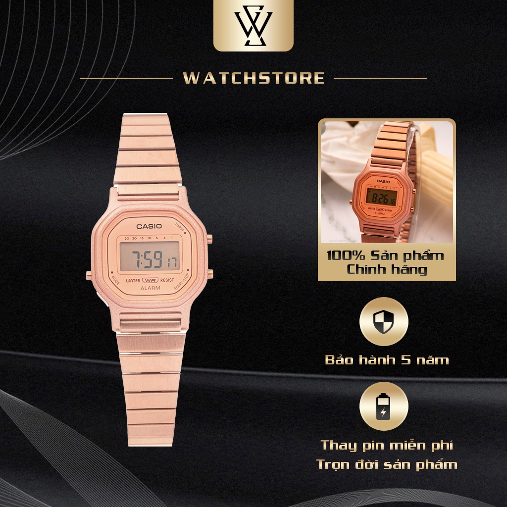 Đồng Hồ Điện Tử Nữ Casio WATCHSTORE LA-11WR-5A Thiết Kế Mặt Kính Nhựa 25.5mm, Dây Kim Loại, Vỏ Nhựa Màu Vàng Hồng