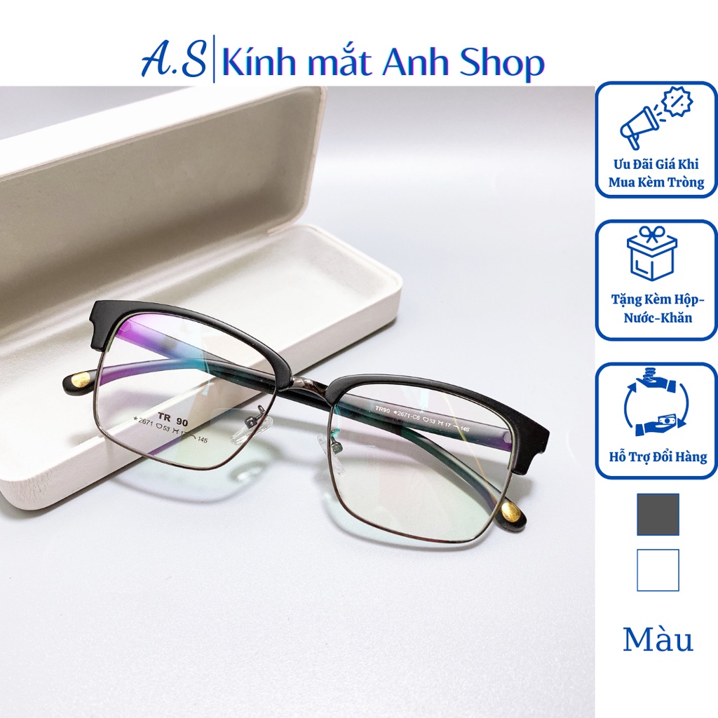 Gọng kính vuông to thời trang nam nữ khung kính kim loại càng kính nhựa dẻo 2671