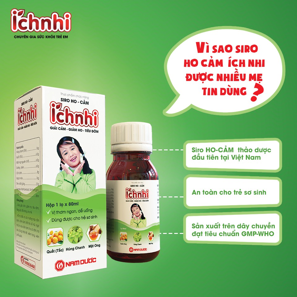 Siro Ho Cảm Ích Nhi 3+ Không Đường | Giúp giải cảm, giảm ho, hắt hơi nghẹt mũi, tiêu đờm, sổ mũi, tăng sức đề kháng