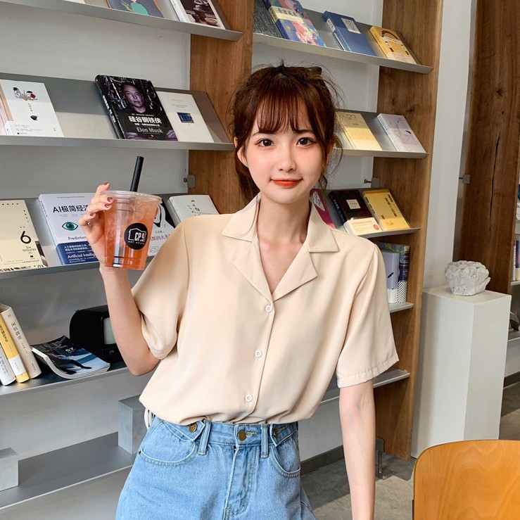 Áo sơ mi nữ đẹp tay ngắn cổ vest form rộng, màu trắng cộc tay công sở phong cách vintage Hàn Quốc -VA1