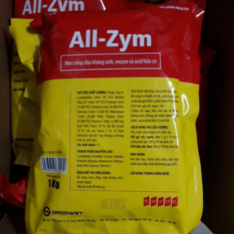 1kg All Zym - Men sống cao cấp chịu kháng sinh, hấp thu triệt để thức ăn cho vật nuôi