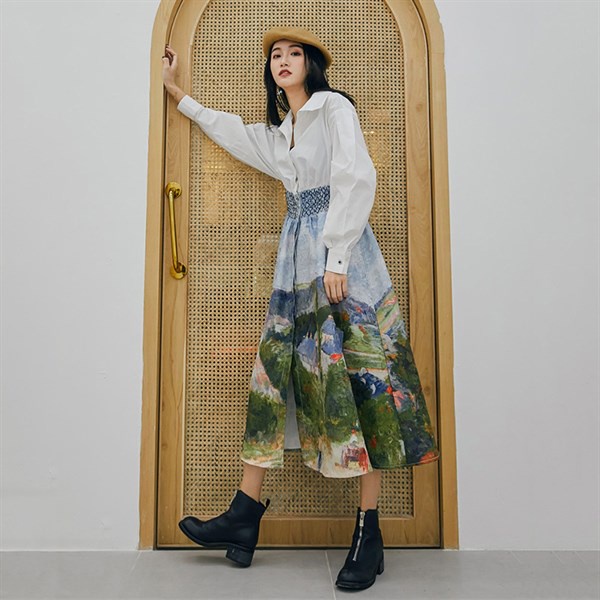 MUSHROOM LEE - Đầm sơ mi nhúng eo in phong cảnh